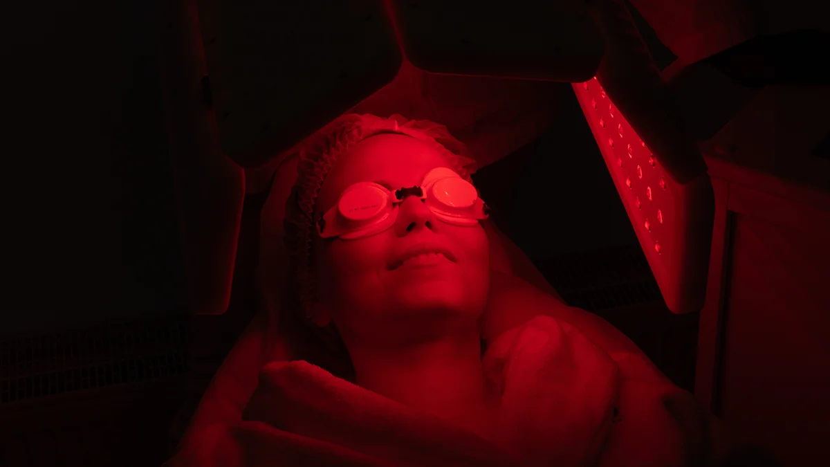A woman in dark room, getting red light therapy, smiling